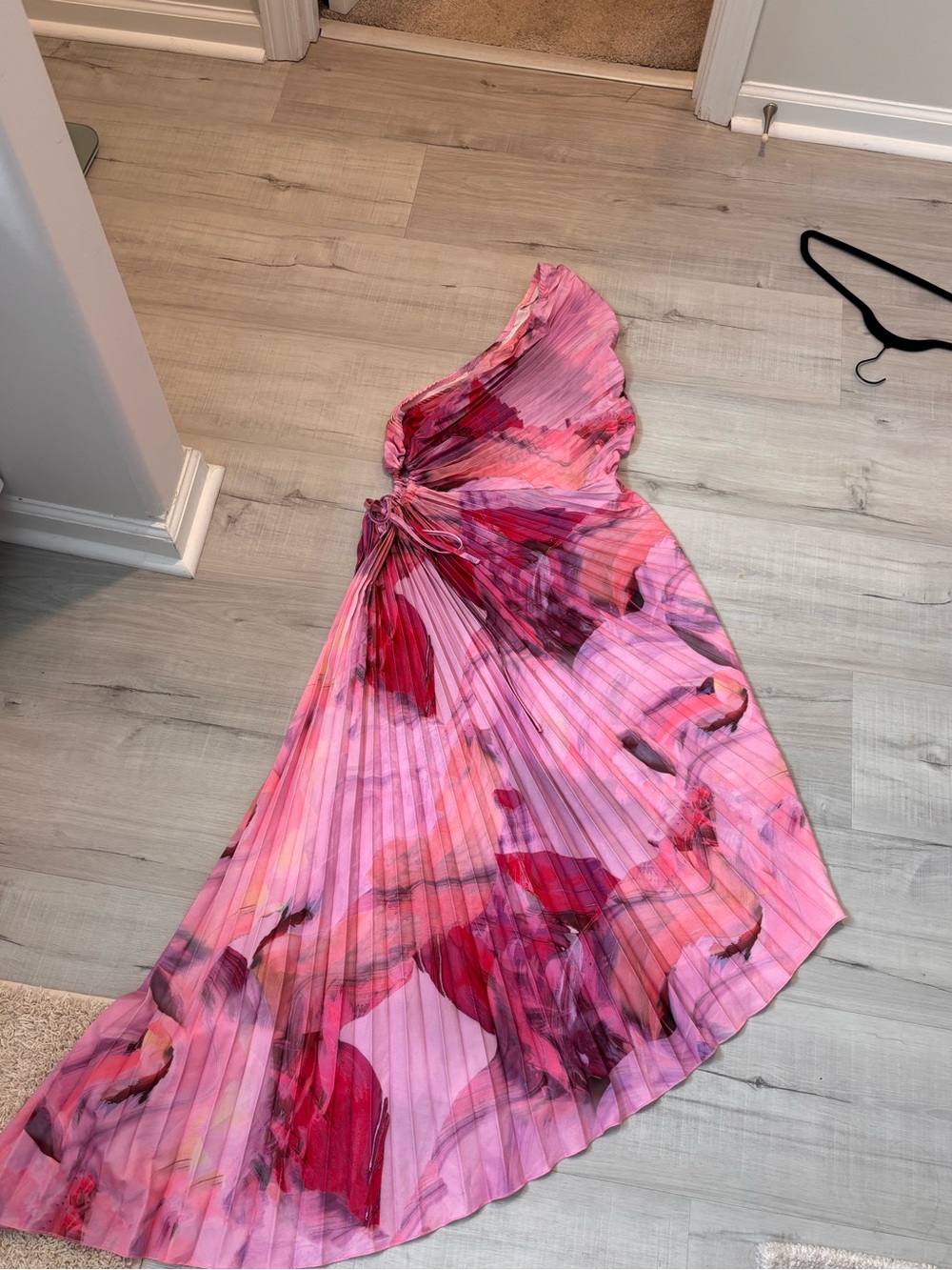 SHEIN One-Shoulder Pleated Floral Maxi Dress in Pink and Red